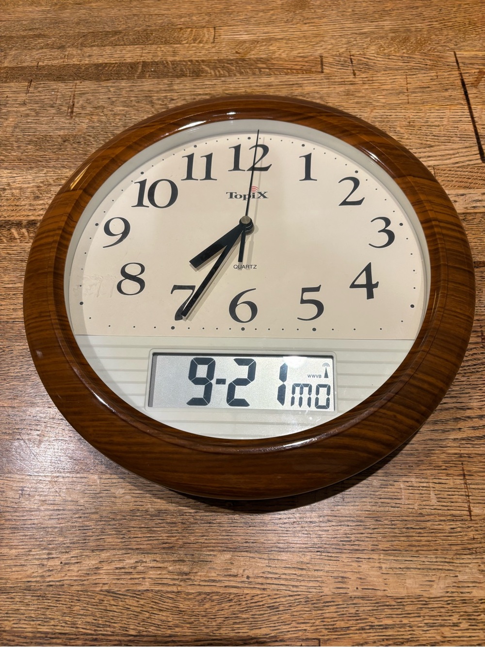 Wall Clock with Analog Click & Digital Display w/ Day & Date Wood Tone Frame